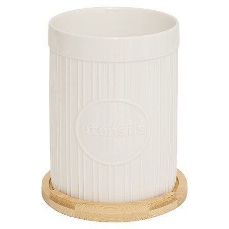 Pot céramique et 3 ustensiles bambou 17 cm blanc