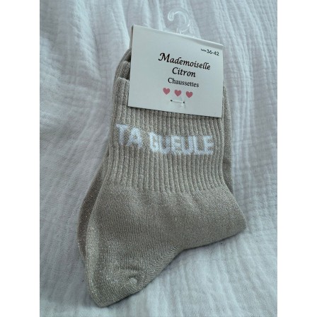 Chaussettes Paillettes Ta gueule beige (PRÉVENTE)