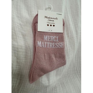 Chaussettes Paillettes Merci Maitresse rose (PRÉVENTE)