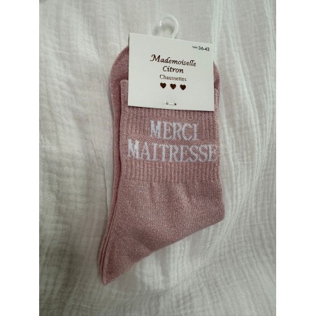 Chaussettes Paillettes Merci Maitresse rose (PRÉVENTE)