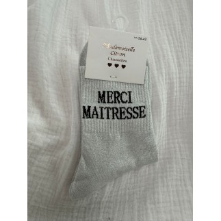 Chaussettes Paillettes Merci Maitresse gris clair (PRÉVENTE)