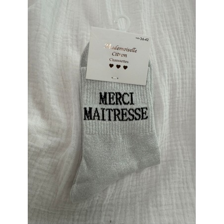 Chaussettes Paillettes Merci Maitresse gris clair