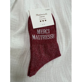Chaussettes Paillettes Merci Maitresse bordeaux (PRÉVENTE)