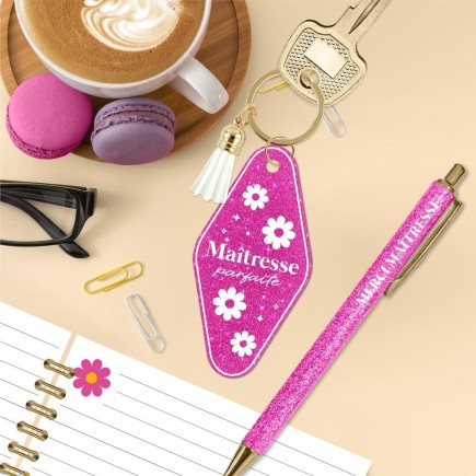 Duo paillettes porte-cles motel et stylo maitresse