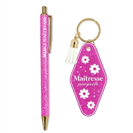 Duo paillettes porte-cles motel et stylo maitresse