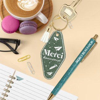 Duo paillettes porte-cles motel et stylo merci beaucoup