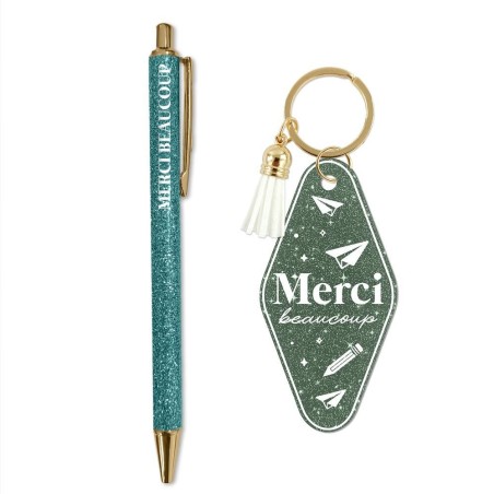Duo paillettes porte-cles motel et stylo merci beaucoup