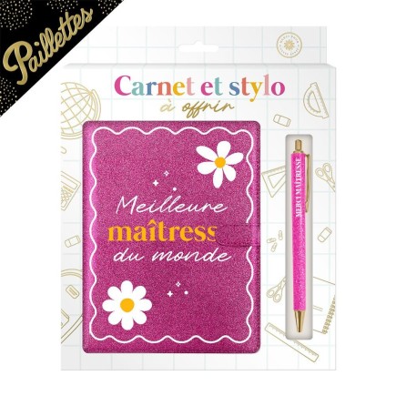 Coffret carnet notes stylo paillettes maitresse