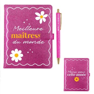 Coffret carnet notes stylo paillettes maitresse
