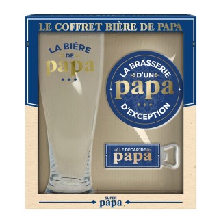 Un joli coffret à bière pour "Papa d'exception" composé d'un verre à bière, un décapsuleur et un dessous de verre !