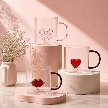 MUG VERRE ANSE COLORE AVEC UN COEUR/NOEUD/BOUCHE 30CL