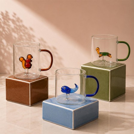 MUG VERRE ANSE COLORE FIGURINE ANIMAUX 30CL