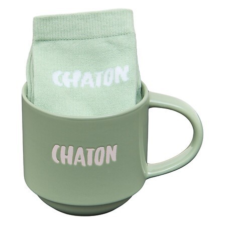 Coffret Mug et chaussettes Chaton 38cl vert