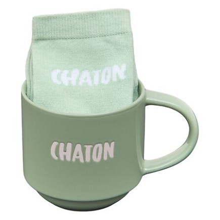 Coffret Mug et chaussettes Chaton 38cl vert
