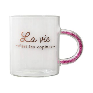MUG POIGNEE AVEC PAILLETTES 35CL LA VIE C'EST LES COPINES