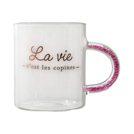 MUG POIGNEE AVEC PAILLETTES 35CL LA VIE C'EST LES COPINES