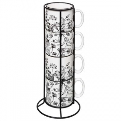 RACK 4 MUGS WHITE FLORAL 24CL