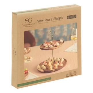 Serviteur 2 étages Mina Gold acacia et métal doré idéal pour une table de Noël