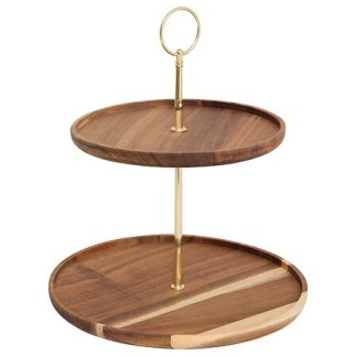 Serviteur 2 étages Mina Gold acacia et métal doré idéal pour une table de Noël