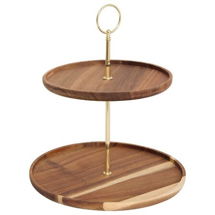 Serviteur 2 étages Mina Gold acacia et métal doré idéal pour une table de Noël