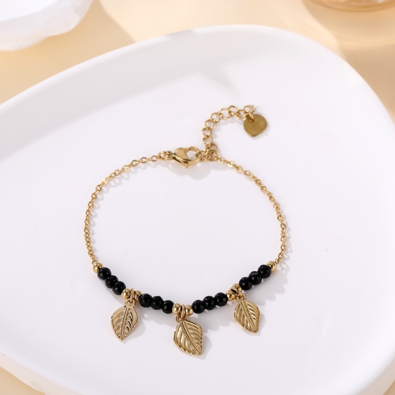 Bracelet simple avec pierres Onyx noir et feuillage or