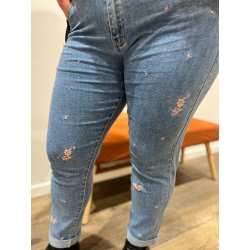 Jeans bleu mon fit brodé fleurs curvy