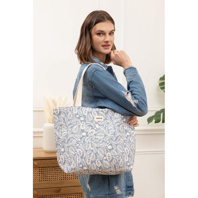 Grand sac bleu et blanc - Motifs Feuilles