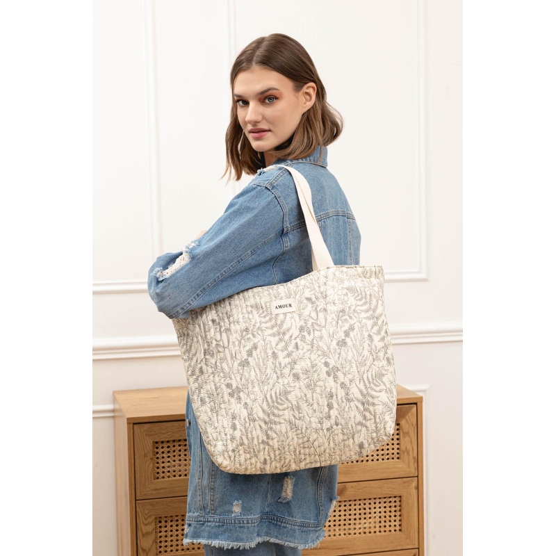 Grand Sac gris et blanc – Motifs Feuilles