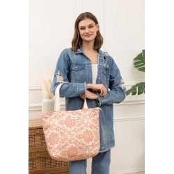 Grand Sac Corail et Blanc - Motif fleurie
