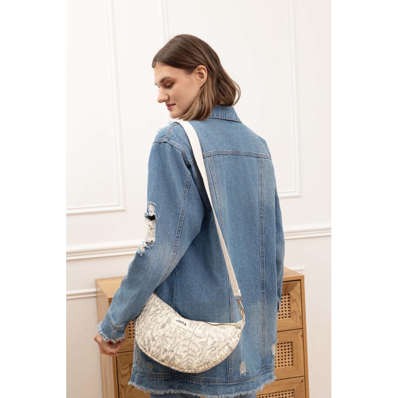 Sac banane motif floral demi lune beige
