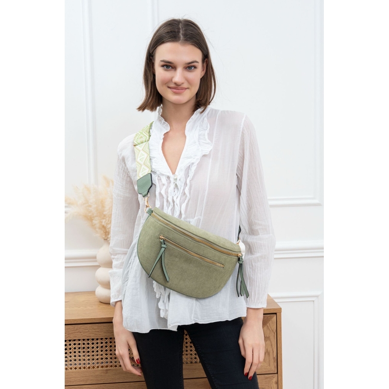 Sac banane velour kaki bandouliere tissé