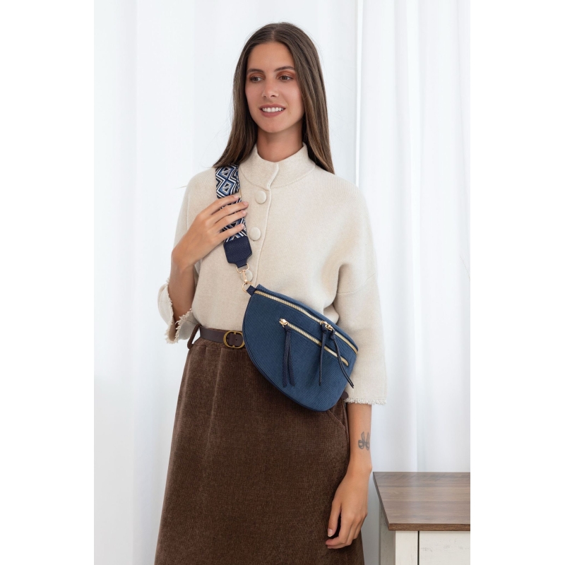 Sac banane velour bleu bandouliere tissé