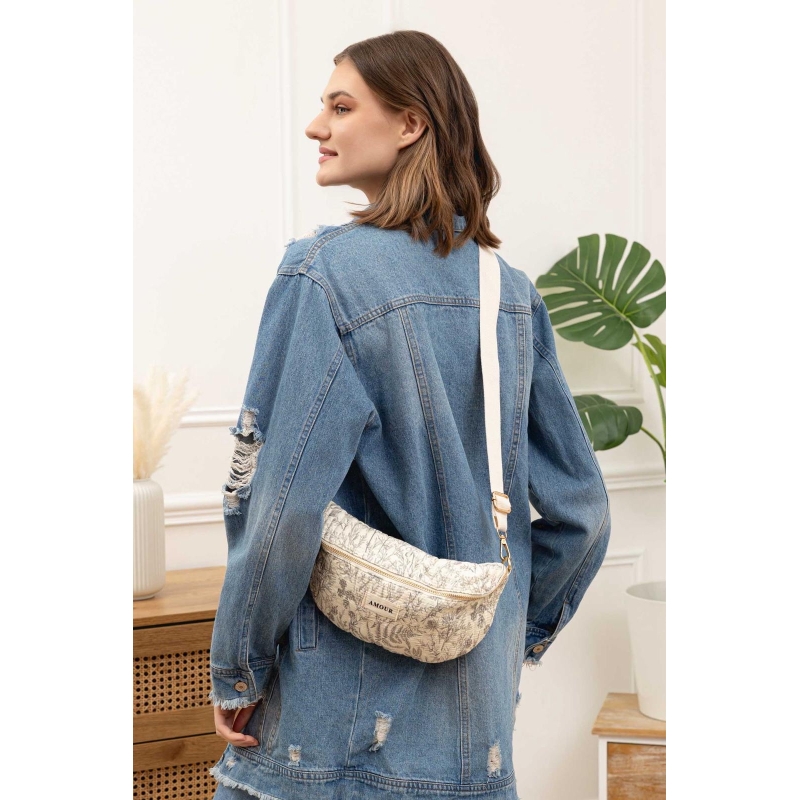 Sac banane motif floral demi lune gris