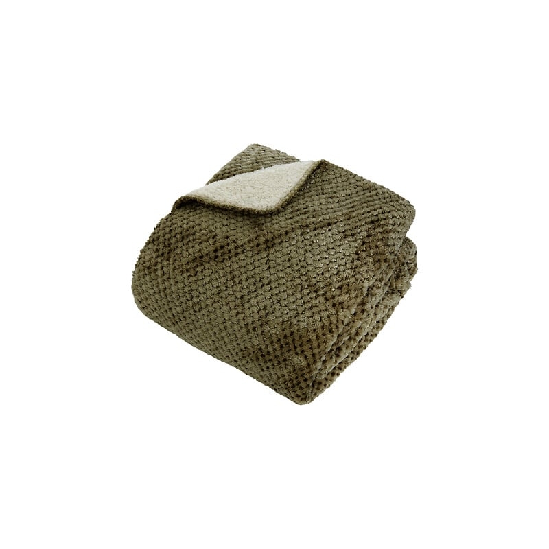Plaid Lyno 130 x 170 cm flanelle et sherpa vert kaki