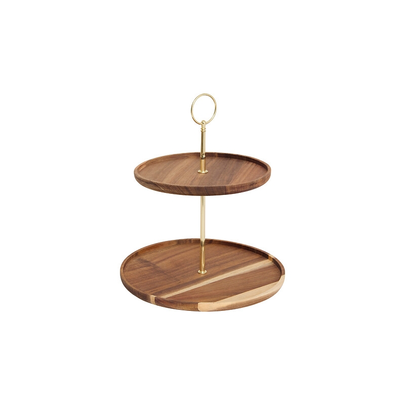 Serviteur 2 étages Mina Gold acacia et métal doré