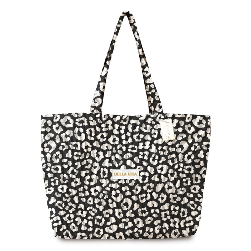SAC CABAS VELOURS COTELE MOTIFS LÉOPARD BLANC ESCAPADE