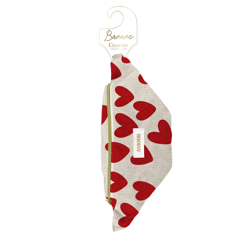 SAC BANANE VELOURS COTELE MOTIFS COEURS AMOUR