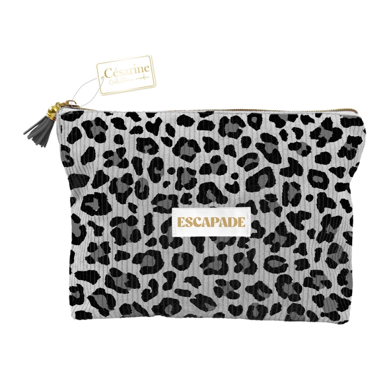 POCHETTE VELOURS COTELE MOTIFS LEOPARD NOIR ESCAPADE