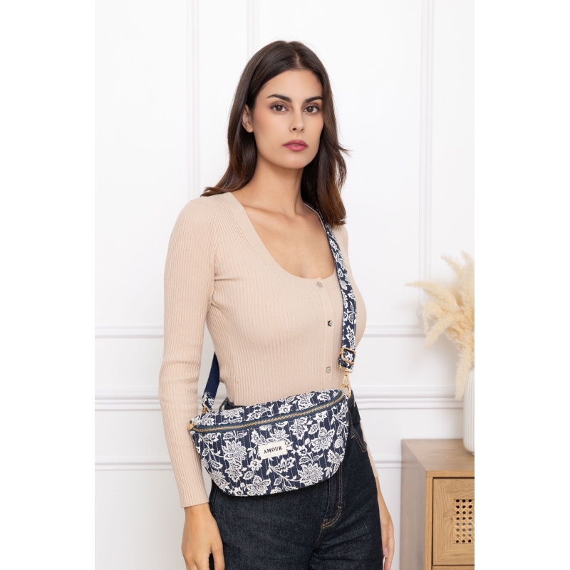 Sac banane coton imprimé AMOUR bleu marine