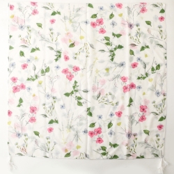 Foulard imprimé fleurs avec pompons blanc