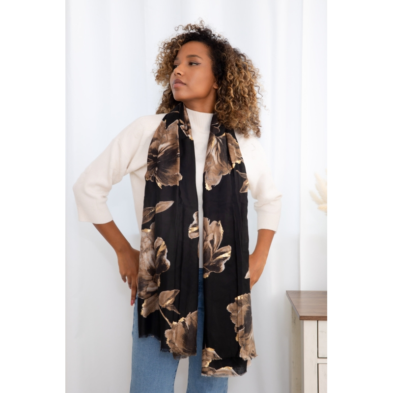 Foulard imprimé grandes fleurs noir