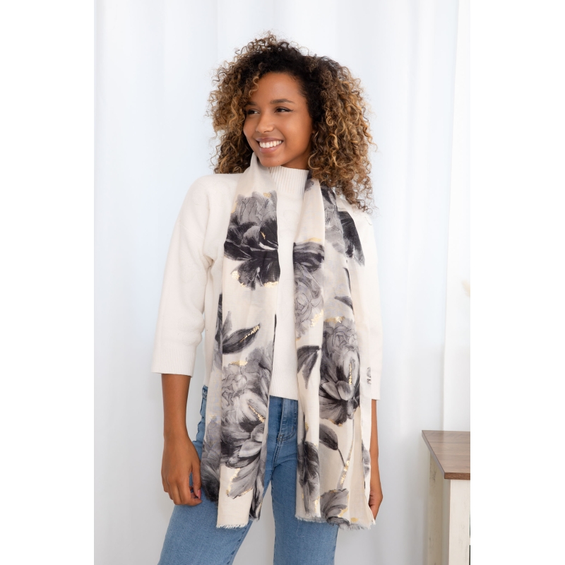 Foulard imprimé grandes fleurs beige