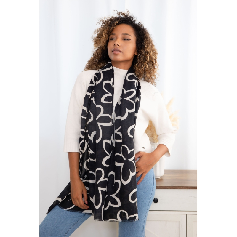 Foulard imprimé contours fleurs noir