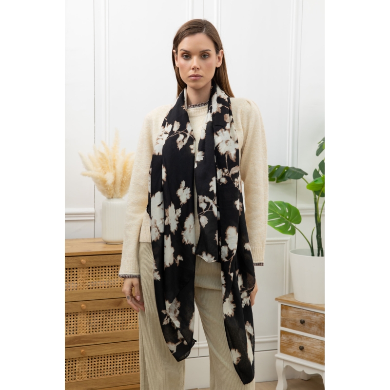 Foulard imprimé fleurs nuages noir