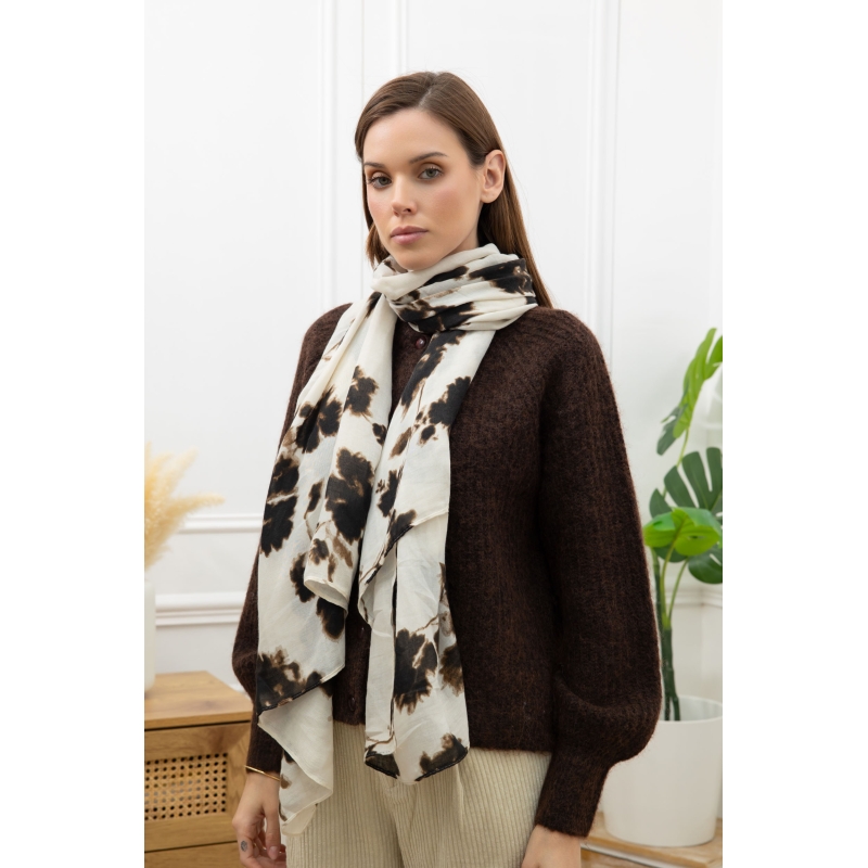 Foulard imprimé fleurs nuages beige