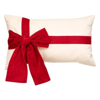 Coussin avec nœud rouge façon paquet cadeau velours 30x50 cm blanc