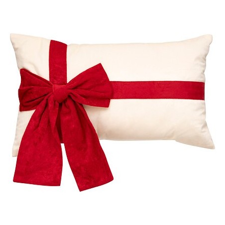 Coussin avec nœud rouge façon paquet cadeau velours 30x50 cm blanc