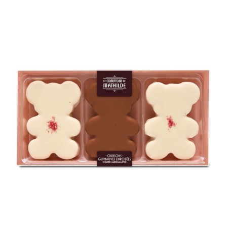 COFFRET 3 OURSONS GUIMAUVES CHOCOLATS LAIT & BLANC FRAMBOISE 90G