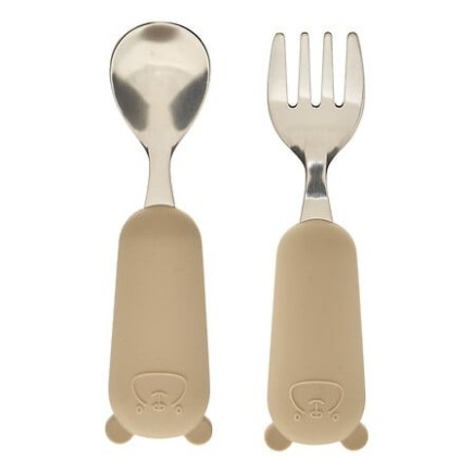 Set couverts cuillère et fourchette Yum long 16,5 cm beige pour enfant
