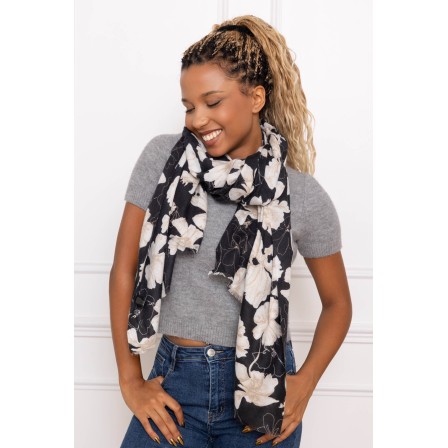 Echarpe laine fleuri noir